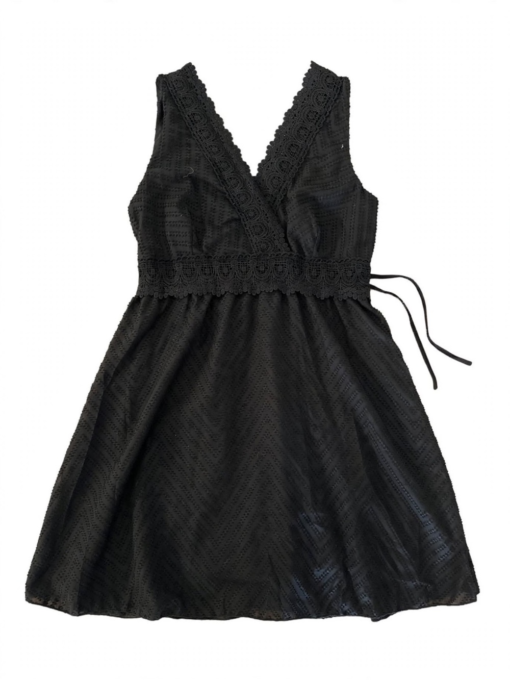 Lace-Trim Black Midi Dress with Tie Waist